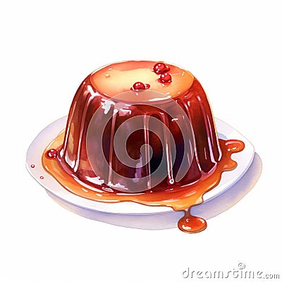 Realistic Watercolor Illustration Of A Shiny Pudding On A Platter Cartoon Illustration