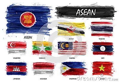 Realistic watercolor painting flag of ASEAN Association of Southeast Asian Nations and membership . Illustration Stock Photo