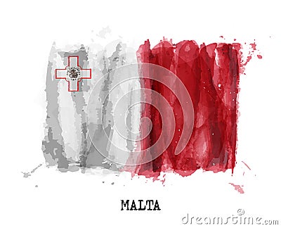 Realistic watercolor painting flag of Malta . Vector Vector Illustration