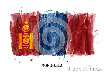 Realistic watercolor painting flag of Mongolia . Vector Vector Illustration