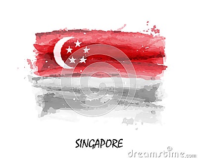 Realistic watercolor painting flag of Singapore . Vector Vector Illustration