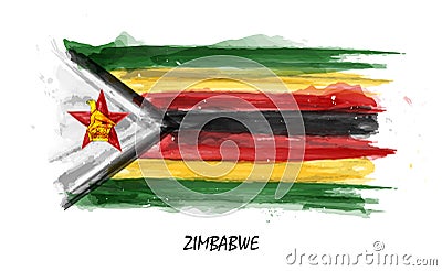 Realistic watercolor painting flag of Zimbabwe . Vector . Not auto trace . Use watercolour brush Vector Illustration