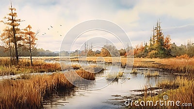 Realistic Watercolor Painting Of Late Autumn With Birds And Swamp On Suffolk Coast Stock Photo
