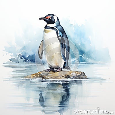 Realistic Watercolor Penguin Painting With Soft Tonal Colors Cartoon Illustration