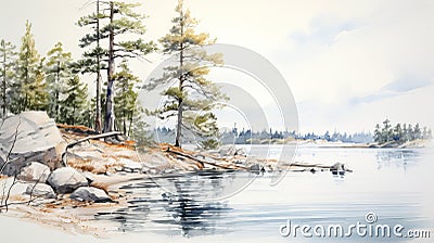 Realistic Watercolor Sketch: Pine Trees Along Lake In Archipelago Landscape Stock Photo
