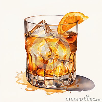 Realistic Watercolor Whiskey Cocktail With Ice And Orange Slice Cartoon Illustration