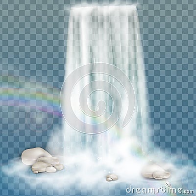 Realistic waterfall with clear water, rainbow and bubbles. Natural element for design landscape images. on transparent ba Stock Photo