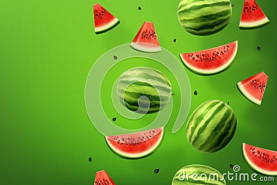 Realistic watermelon slices, juice fruit. Water melon summer yummy flavour, whole or cut sweet food flying. Web banner Vector Illustration