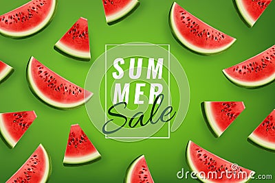 Realistic watermelon, summer sale banner. Season template with juice, whole or slice of water melon food. Organic Vector Illustration