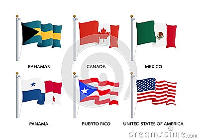 Realistic waving flags of North America continent. USA, Canada, Bahamas, Mexico, Panama, Costa Rico flag on flagpole Vector Illustration