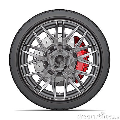 Realistic wheel alloy with tire radial and break disk for sport racing car on white background vector Vector Illustration