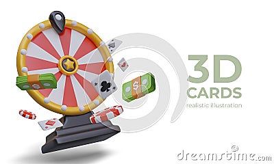 Realistic wheel of fortune, green banknotes, playing cards, chips. Motion effect Vector Illustration