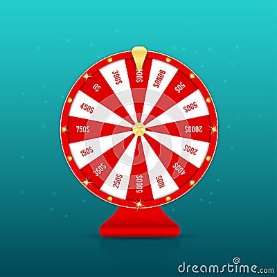 Realistic wheel of fortune with prizes isolated on background. Red gambling roulette and fortune wheel concept Vector Illustration