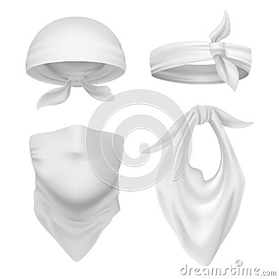 Realistic white bandana. Blank scarf and buff mockup, isolated handkerchief and face bandage template. Vector kerchief Vector Illustration