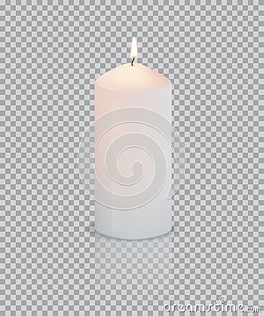 Realistic white candle with fire on transparent background. Vector. Vector Illustration