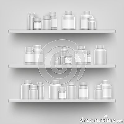 Realistic white 3d medicine blank bottle for pills on pharmacy shop shelves display vector template Cartoon Illustration