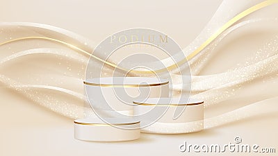 Realistic white display stand with golden curve lines scene, podium showing product for promotion sales and marketing. Vector Illustration