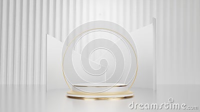 Realistic white display stand with golden diagonal lines scene, podium showing product. Luxury style background Stock Photo