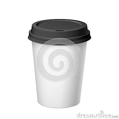 Realistic White Disposable paper Cup with black lid. Vector Illustration