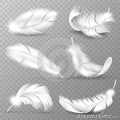 Realistic white feathers. Birds plumage, falling fluffy twirled feather, flying angel wings feathers. Realistic isolated Vector Illustration