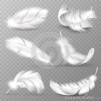 Realistic white feathers. Birds plumage, falling fluffy twirled feather, flying angel wings feathers. Realistic isolated vector Vector Illustration