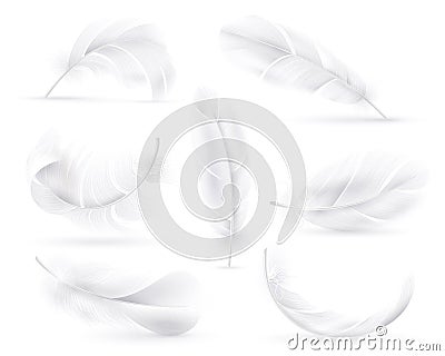 Realistic white feathers. Falling fluffy twirled bird or angel wings feathers. Flying, floating decorative feather Vector Illustration