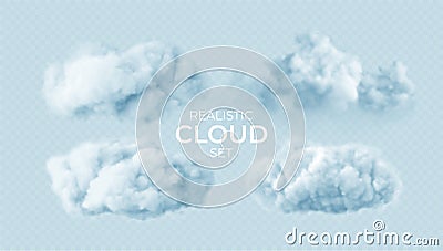 Realistic white fluffy clouds set isolated on transparent background. Cloud sky background for your design. Vector Vector Illustration