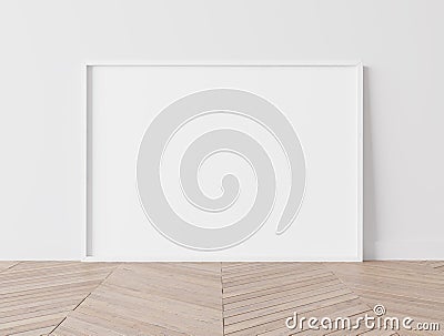 Realistic white frame, size A3 A4 on White Wall standing on wooden floor. Design Template for Mock Up Cartoon Illustration