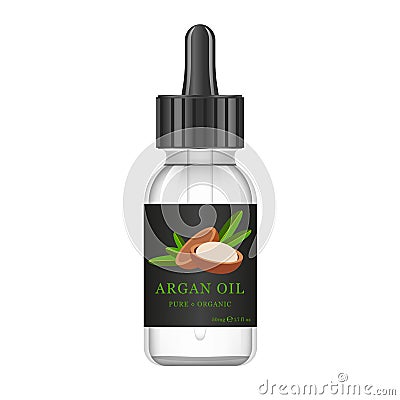 Realistic white glass bottle with argan extract. Beauty and cosmetics oil - argan. Product label and logo template Vector Illustration