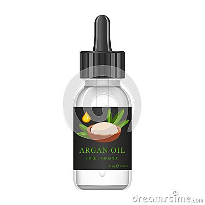 Realistic white glass bottle with argan extract. Beauty and cosmetics oil - argan. Product label and logo template Vector Illustration