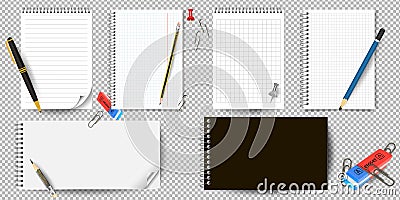 Realistic white lined notepad and pencil sheet isolated on white background vector illustration. notepad and pencil for Vector Illustration