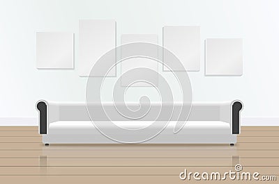 Realistic white long soft sofa with reflection on the floor. Luxury couch and pictures on the wall. Modern living room Vector Illustration