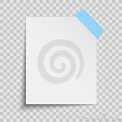 Realistic white sheet of paper isolated on a transparent background. Blue scotch tape. Element for your design or notes. Vector Vector Illustration