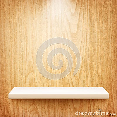 Realistic white shelf on wooden wall Vector Illustration