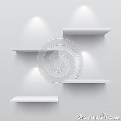 Realistic white shelves. Empty store bookshelf exposition shadows and lights on wall shop indoor. 3D museum interior Vector Illustration