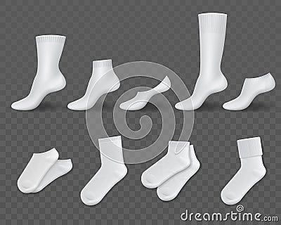 Realistic white socks. Blank classic socks different lengths, long and short, elastic options, cotton foot clothes Vector Illustration