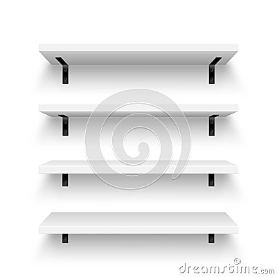 Realistic white store shelves with wall mount. Empty product shelf, grocery wall rack. Mall and supermarket furniture Vector Illustration