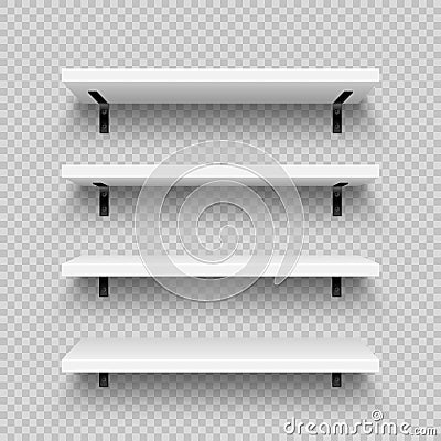 Realistic white store shelves with wall mount. Empty product shelf, grocery wall rack. Mall and supermarket furniture Vector Illustration