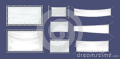 Realistic white textile banners set. Cotton banners, blank flags, posters. Vector Illustration