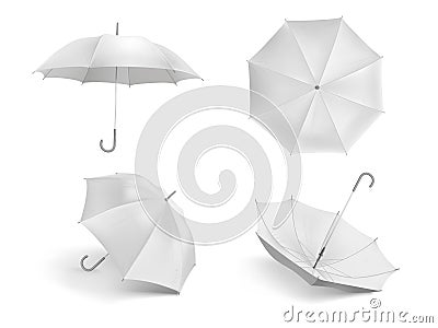 Realistic white umbrella mockup. Blank open fabric parasol, outdoor weather waterproof umbrellas vector template set Vector Illustration