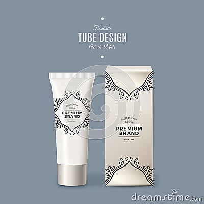 Realistic White Vector Tube and Box Packing with Vintage Labels. Product Packaging Design. Plastic Container Mock Up Vector Illustration