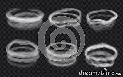 Realistic wind, steam or smoke circles, swirls and rings. Round shaped vapor, spiral fog clouds, vape circle. 3d frost Vector Illustration