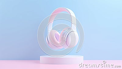 Realistic wireless earphones of trendy color.3d pastel colored background headphone element. Realistic object for music Stock Photo