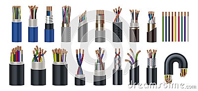 Realistic wires. Flexible electric cables with different isolation types. 3D coaxial bundles of twisted colorful power Vector Illustration