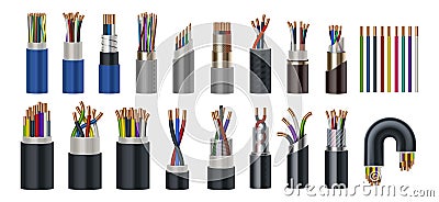 Realistic wires. Flexible electric cables with different isolation types. 3D coaxial bundles of twisted colorful power cords. Vector Illustration