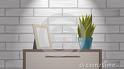 Realistic woden picture frame mock up and green home plant standing on commode. Vector Illustration