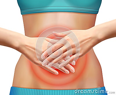 Realistic Woman Abdominal Pain Vector Illustration