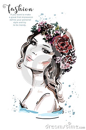 Realistic woman portrait. Hand drawn beautiful young woman with hair flower wreath. Vector Illustration