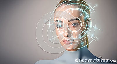 Realistic woman robot with eye scanner of human Stock Photo