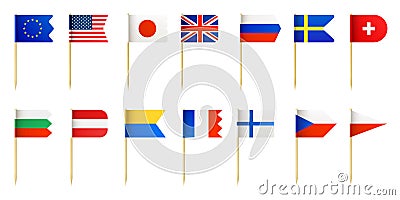 Realistic wood toothpick with little country flags for food decoration. Usa, france, japan, sweden and england miniature Vector Illustration